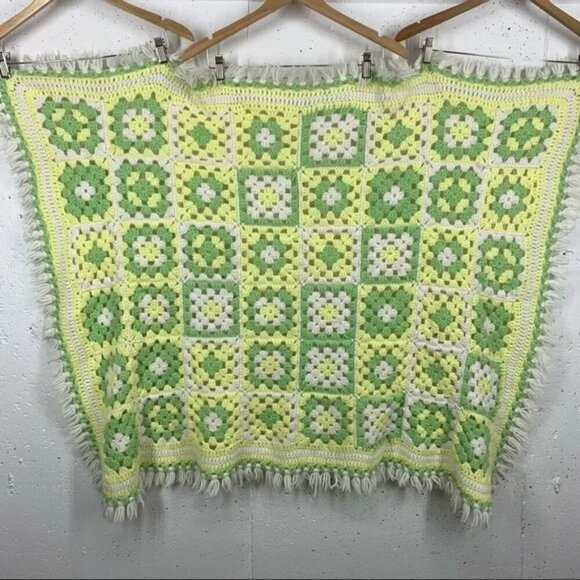 2 Vintage Hand Knit Pink Yellow Green Handmade Crochet Baby Blankets - Picture 10 of 15